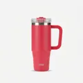 Detail view of red matte 40oz stainless steel tumbler with handle and spill-proof lid - Rose Red
