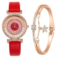 Women's quartz watch with red leather strap and matching rose gold rhinestone bracelet - Red + Bracelet