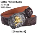 Detail of 3.8cm coffee PU belt with vintage silver skull buckle and floral embossing - Coffee Silver Buckle (Skull)