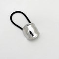 Detail of silver cylindrical metal buckle on a black elastic hair tie over white background - Geometric Round Knot / Silver
