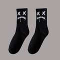 Mid-calf black crew socks featuring white embroidered face pattern and ribbed cuffs - One Size(37-46) / D1 Series-No.13 (Black Stitched Smile)