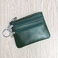Genuine leather deep green coin purse with three zipper pockets and silver keychain - Dark Green