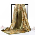 Bohemian silk scarf in dark green and gold with vintage paisley and floral patterns - 90x90cm / Paisley Green