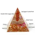 Orgonite energy pyramid with red agate, copper spiral, and gold foil base - No.8-Red Agate Column + Red Crystal (Wealth)