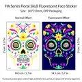 Day of the Dead floral skull tattoo sticker showing normal and UV glowing effect - FW-002