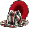 British style red plaid fedora hat with flat wide brim and vibrant red lining - M(56-58cm) / Red Plaid (JXF-522-White)