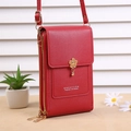 Red PU leather phone bag with floral charm, dual zipper compartments and shoulder strap - Red