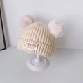 Beige baby knitted hat with pink pom poms and cute cartoon bear patch for newborns - 6 Months - 3 Years (33-52cm) / Off-White (Dual Pom Poms)