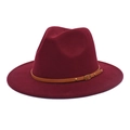 Detail of burgundy wool fedora hat featuring a brown leather belt strap and gold metal studs - M (56-58cm) / Burgundy