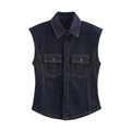 Classic dark blue denim vest featuring contrast stitching and chest pockets for women - XS / Tops