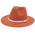 Detail of rust red wool felt fedora featuring a white leather belt and gold buckle - M (56-58cm) / Caramel (White Belt)