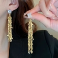 Golden tassel drop earrings featuring a rectangular zircon stone and layered leaf design - Square Gem Leaf Tassel / Gold