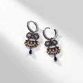 Vintage owl earrings with dark plating and deep blue gemstones in a retro style - Gun Black E151 Vintage Owl
