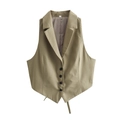Detail of khaki sleeveless blazer vest featuring a notched lapel and four-button closure - XS / Dark Khaki