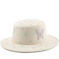 Elegant beige wool felt boater hat with colorful rhinestones and butterfly design - Rhinestone Butterfly Pattern / Beige