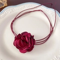 Dark red satin rose flower choker necklace with slim cord on vintage white plate - Dark Purple