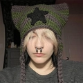Army green and brown striped knit cat ear beanie with star patch and braided tassels - Green Grey Stripes Star