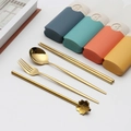 Golden stainless steel cutlery set with colorful cases and cherry blossom straw - Style D Gold