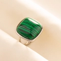 Macro detail of a 304 stainless steel ring featuring a square cabochon malachite stone - Silver Base-Malachite Green
