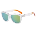 Polarized sports sunglasses with transparent frames and orange gradient temples in a 45-degree view - Transparent Orange Frame Gold Mirror Lens
