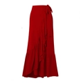 Elegant deep red wrap maxi skirt with ruffle trim and waist tie for beach styling - Single Red Skirt