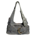 Retro denim shoulder bag in dark grey with y2k metal buckles and pocket details - Denim Blue