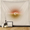 Detail of bohemian wall tapestry featuring sun and crescent moon on a minimalist grey wall - Billion (71)