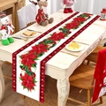 Detail of Christmas table runner with red poinsettia flowers and black-red plaid edges - 181x35.5cm / Poinsettia and Snowflakes (Red-Black Plaid)