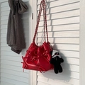 Red PU leather shoulder bag with bow details, silver chain and cat plush pendant - Red