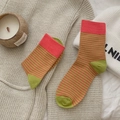 Japanese style striped socks in grass green and rose pink with a ribbed cuff design - One Size / Green Stripes