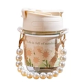 Glazen beker met crème zonnebloemhoes en decoratieve parelmoeren handgreep - Parelbeker + Rietje + Leren Etui + Parelketting
