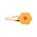Handcrafted yellow and orange knitted sunflower hair clip with a gold-tone metal BB base - Knitted Flower Hair Clip / Yellow (09)