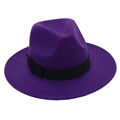 Detail view of purple wool fedora hat with a black ribbon band and vintage bow - Purple