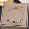 Adjustable 18k gold plated bracelet with black roman numeral charms and zircon stones - Gold Roman Numeral Box Chain (5248)