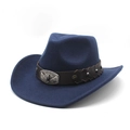 Vintage navy blue felt cowboy hat with brown leather band and silver bull head buckle - M(56-58cm) / Navy Blue