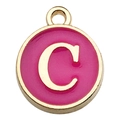 Pink enamel round pendant charm with gold letter C for DIY jewelry making and bracelets - Double-Sided Letter C / 1 Piece (12x14mm) / Rose Red