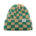Detail of green and khaki checkerboard knit beanie with a white square logo patch - M(55-60cm) / Green