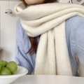 Thick cream mohair cashmere scarf for winter with soft fringe and warm solid color style - Pure White