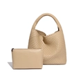 Beige hand-woven leather hobo bag and matching zip pouch set in a minimalist style - Milk Tea Apricot