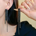 Elegant long black tassel earrings with sparkling rhinestones worn by a model - 55# Silver Earring Post - Black - Tassel