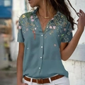 Women's casual blue short-sleeve shirt with floral and kingfisher prints and button-down collar - S / Tops / T-Shirts / Dark Blue