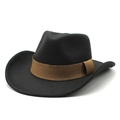 Chapeau Fedora classique en feutre de laine noir avec bord large et ruban tressé brun - M (56-58cm) / Noir