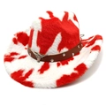 Western cowboy hat with red cow print, brown leather strap, and silver bull head emblem - M (56-58cm) / Straight Top / Red