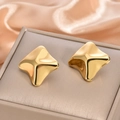 Macro shot of gold-plated stainless steel earrings on elegant silk background - Irregular Curved Mirror Stud Earrings / 925 Silver Needle