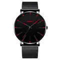 Detail of ultra-thin black mesh band quartz watch with striking red hands and markers - Mesh Band Black Case Red Hands