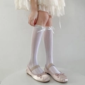 White mesh calf socks with sweet lace ruffles and bow accents for a stylish JK look - One Size / White (Long Tassel)
