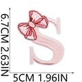Pink bow embroidery letter S patch showing dimensions 6.7cm by 5cm on white background - Bow Alphabet Letter S