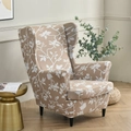 Elastic wingback chair cover with white leaf pattern on khaki fabric for armchairs - Misha