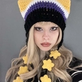 Handmade striped cat ear beanie and star scarf set in yellow purple and black knit - Adult 56-59cm / Yellow White Purple Black
