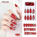 F781-15# Matte red press-on nails with white flower motifs and blue accents, 24pcs set - F781-15/Long Coffin/Red Matte Floral